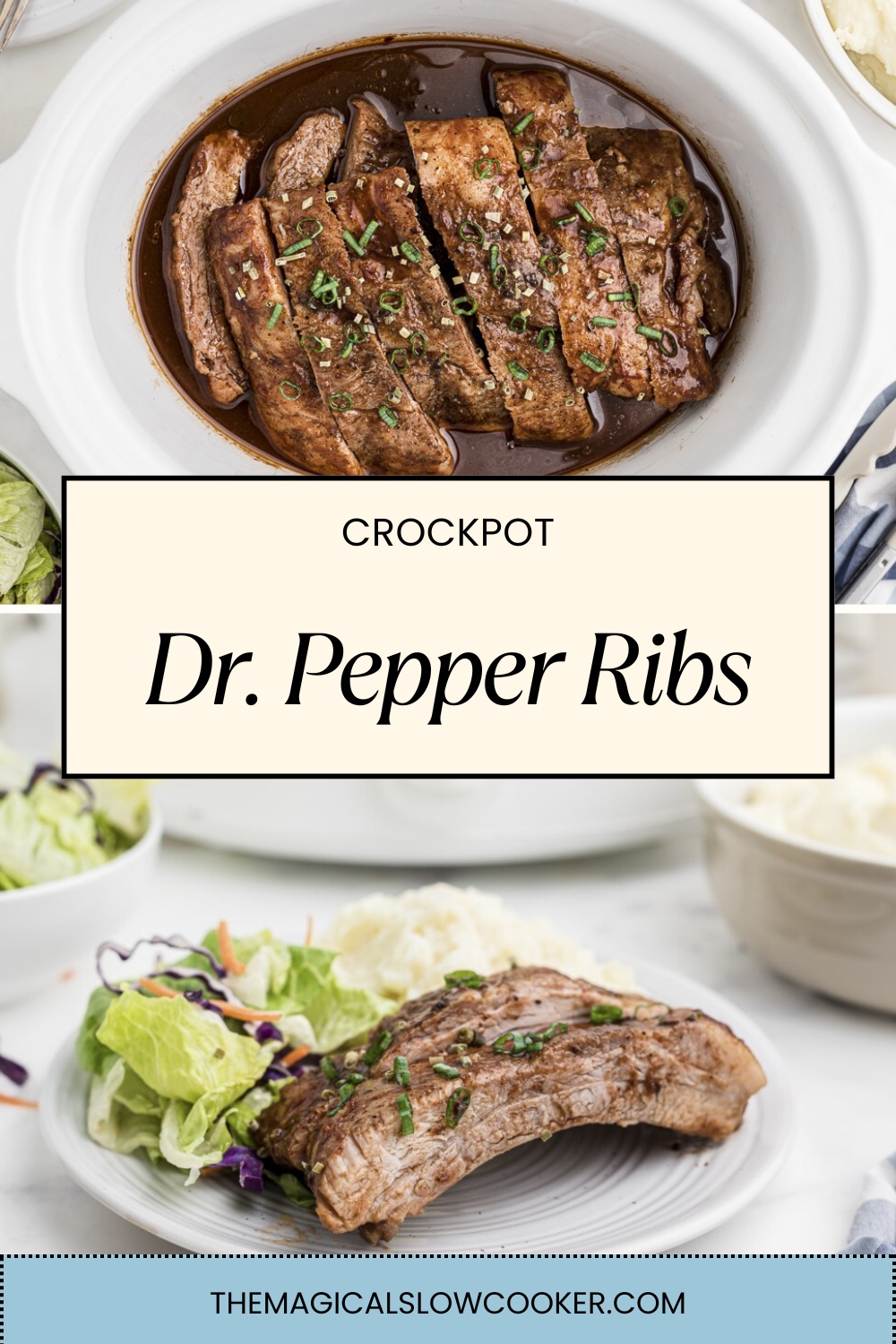 dr pepper ribs in a slow cooker and on a plate.