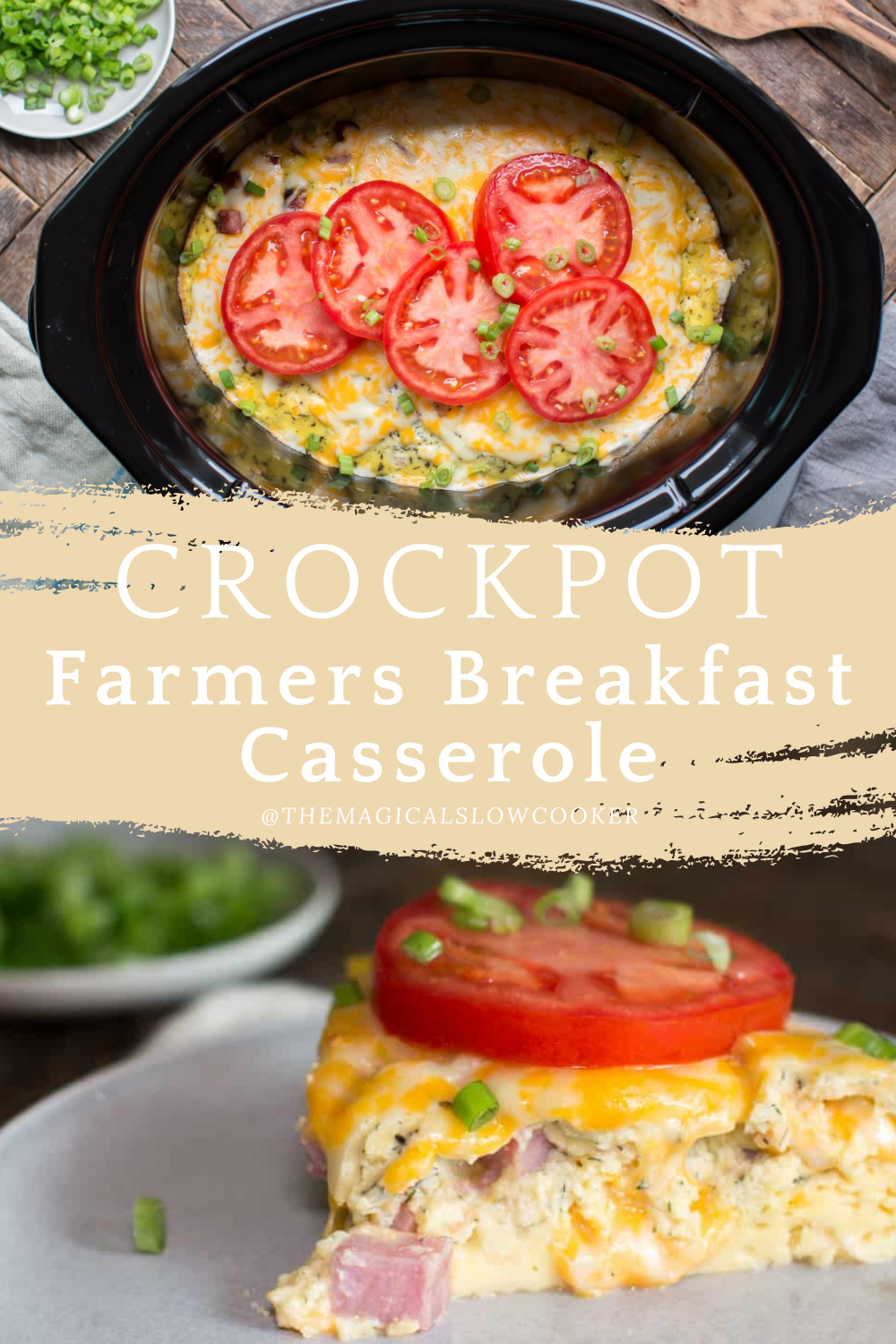farmers breakfast casserole in a slow cooker and on a plate with tomato.
