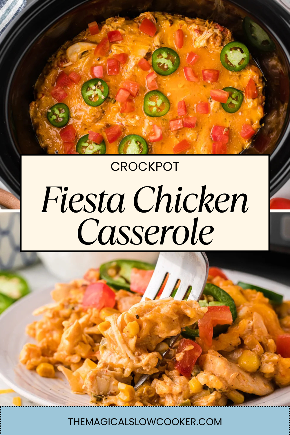 fiesta chicken casserole in a slow cooker and on a plate.