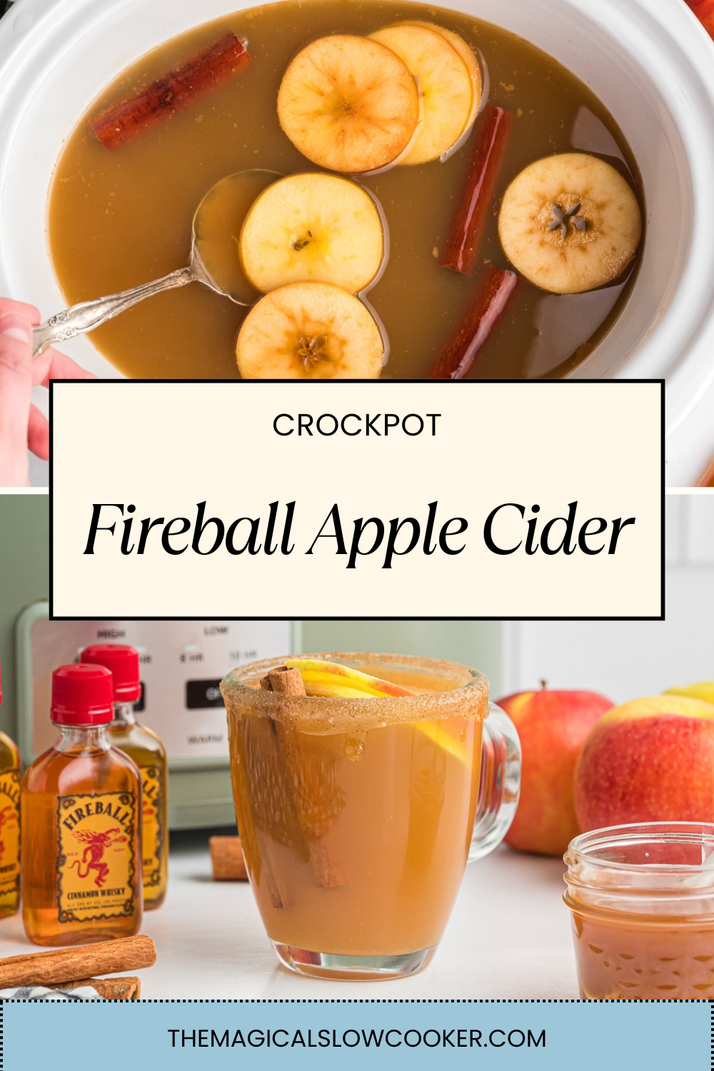 fireball apple cider in a slow cooker and in a mug.