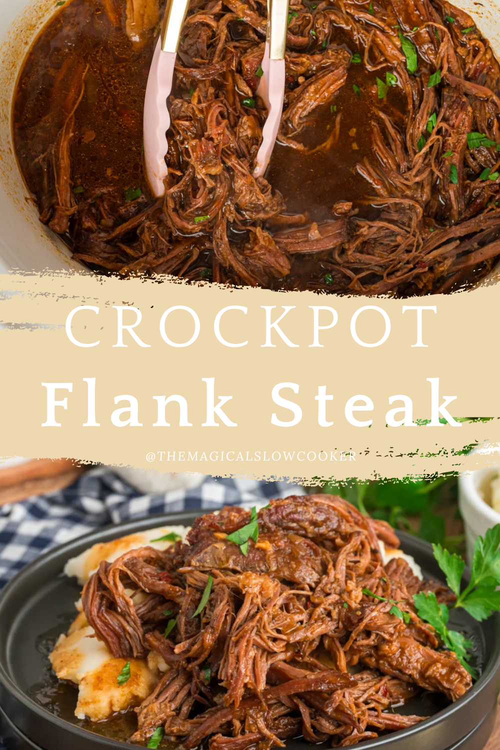 flank steak in a slow cooker and on a plate.