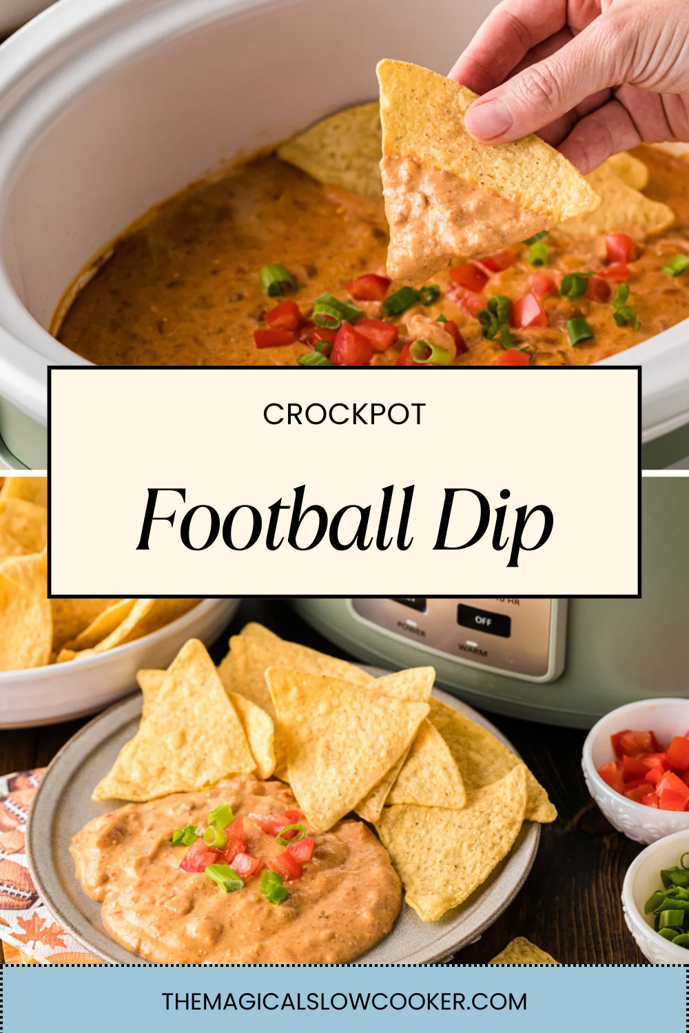 football dip in a slow cooker and on a plate with chips.