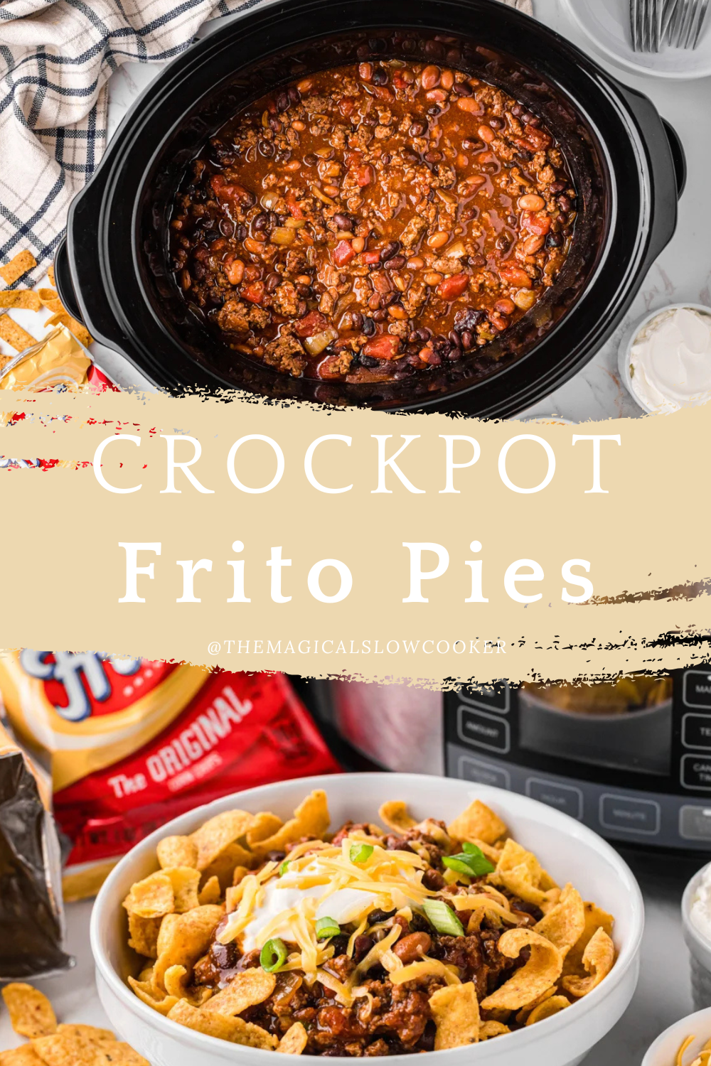 Frito pie chili in a slow cooker and in a bowl.