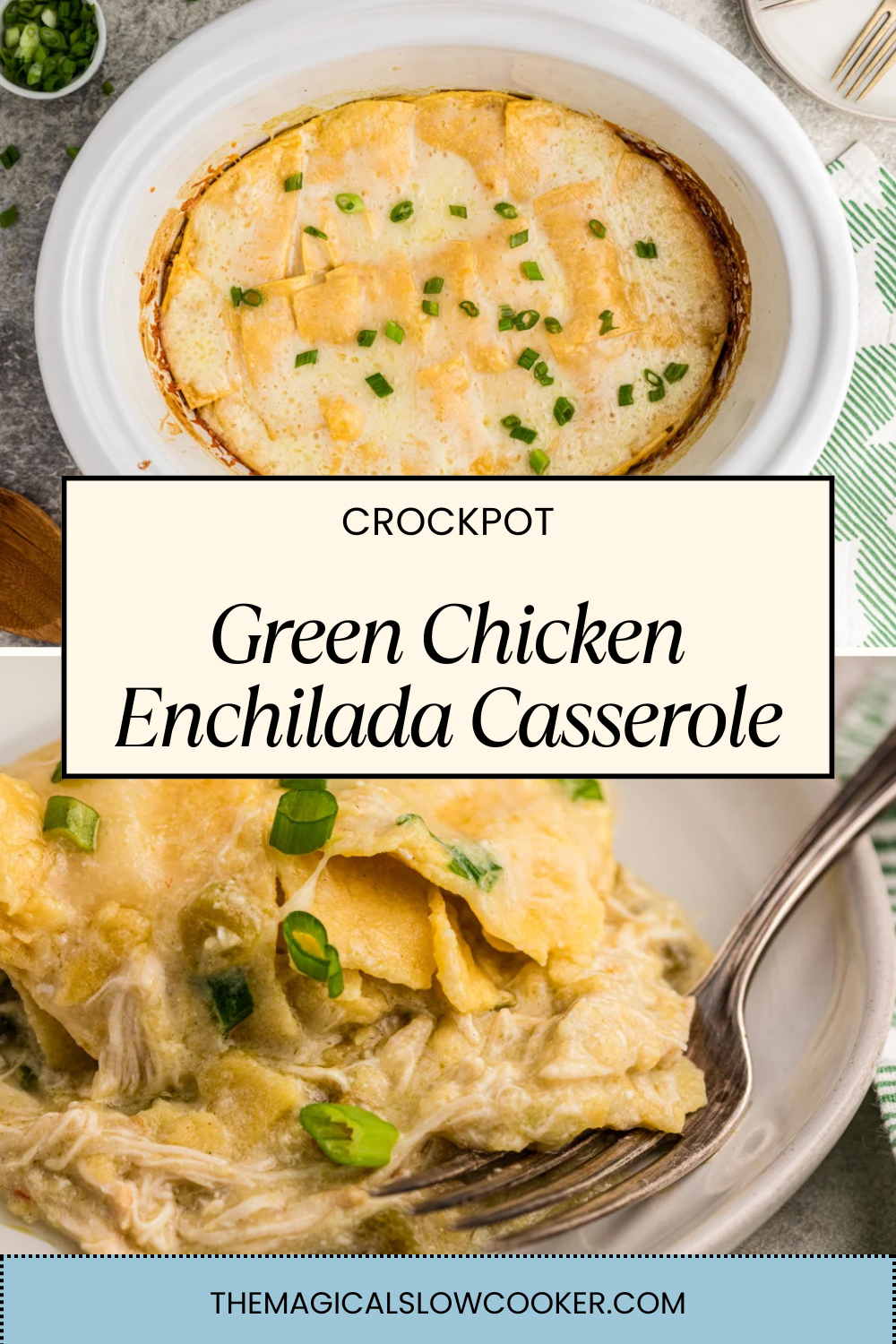 Green Chicken Enchilada casserole in a slow cooker and on a plate.
