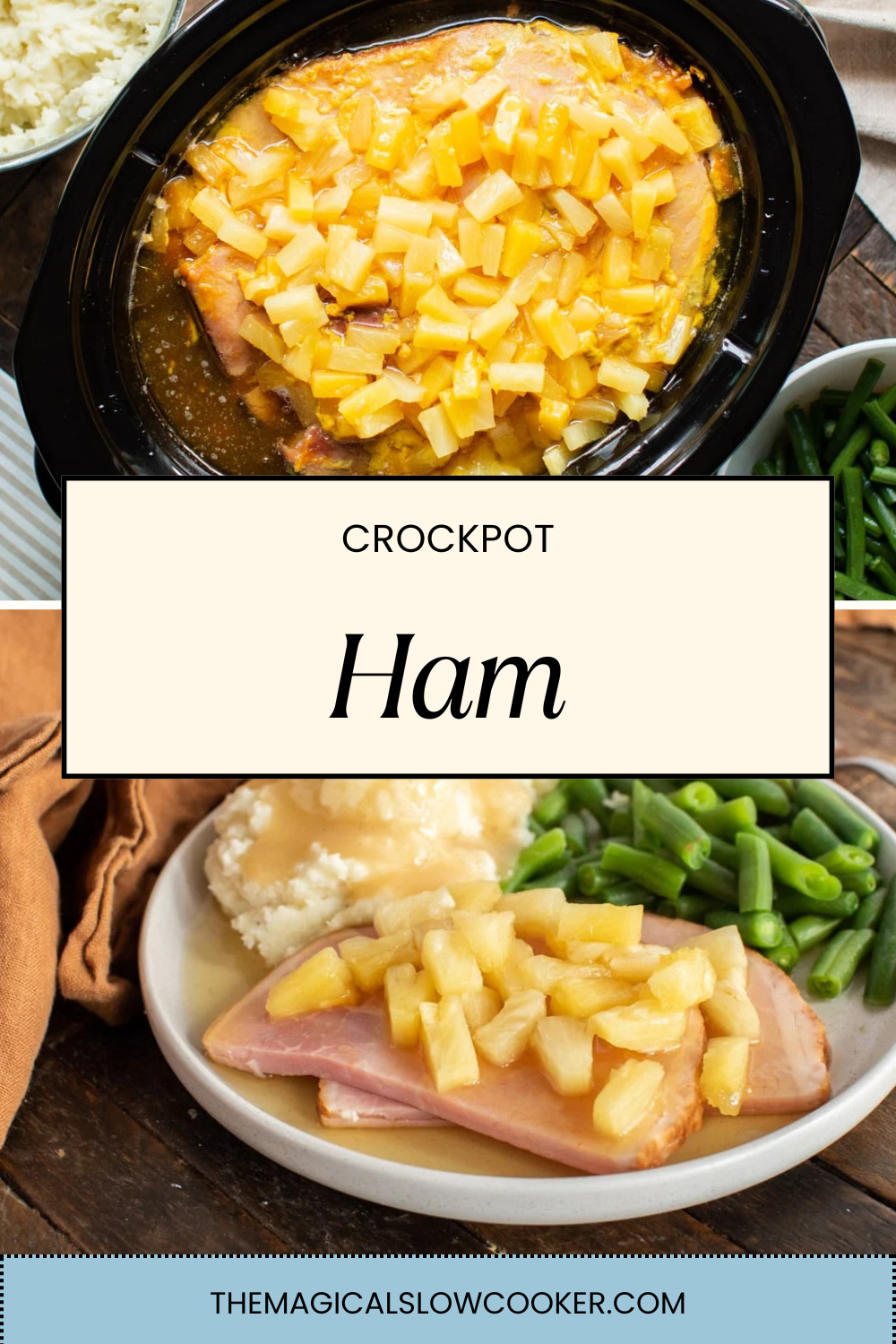 ham with pineapple in a slow cooker and on a plate.