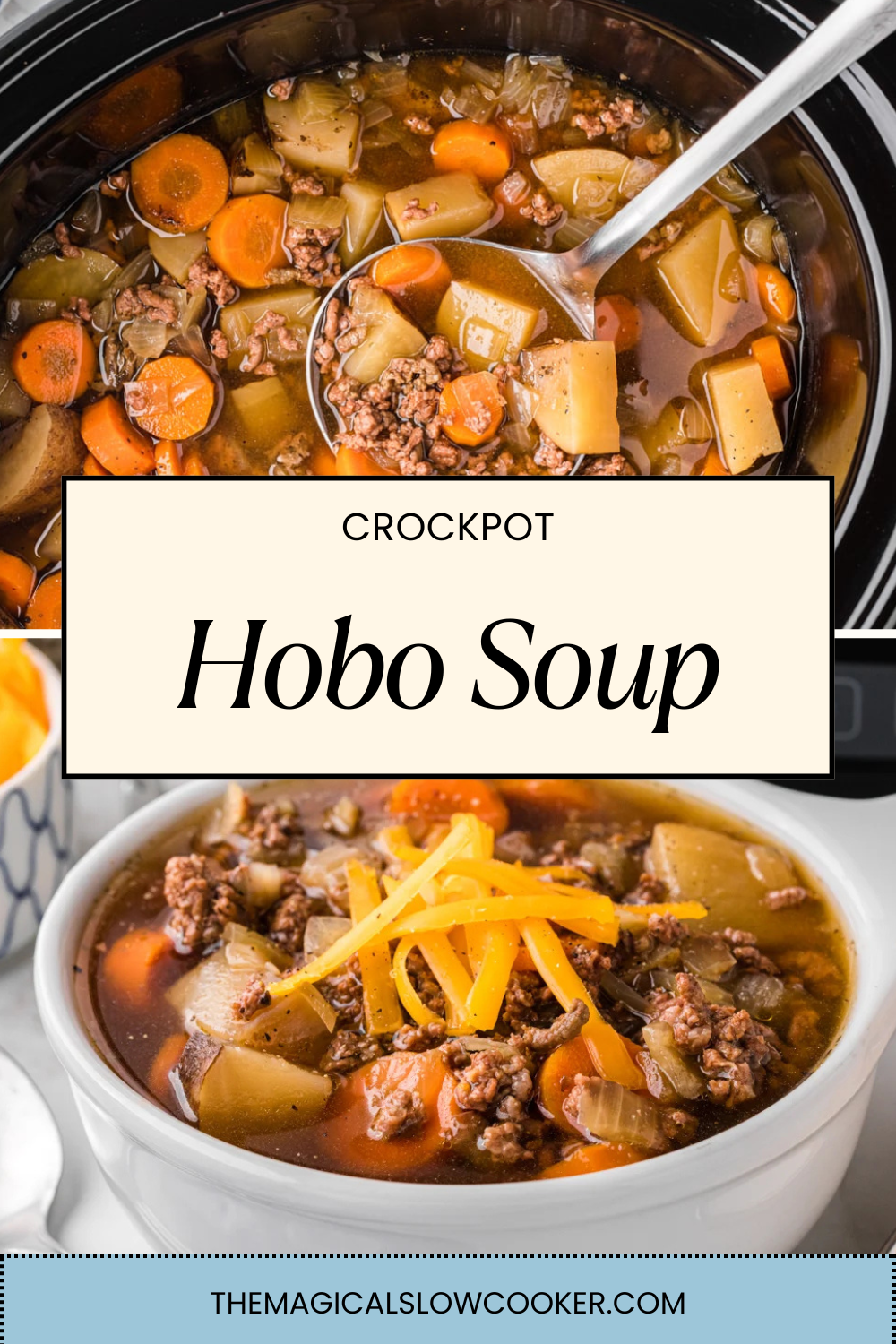 hobo soup in a slow cooker and on a plate.
