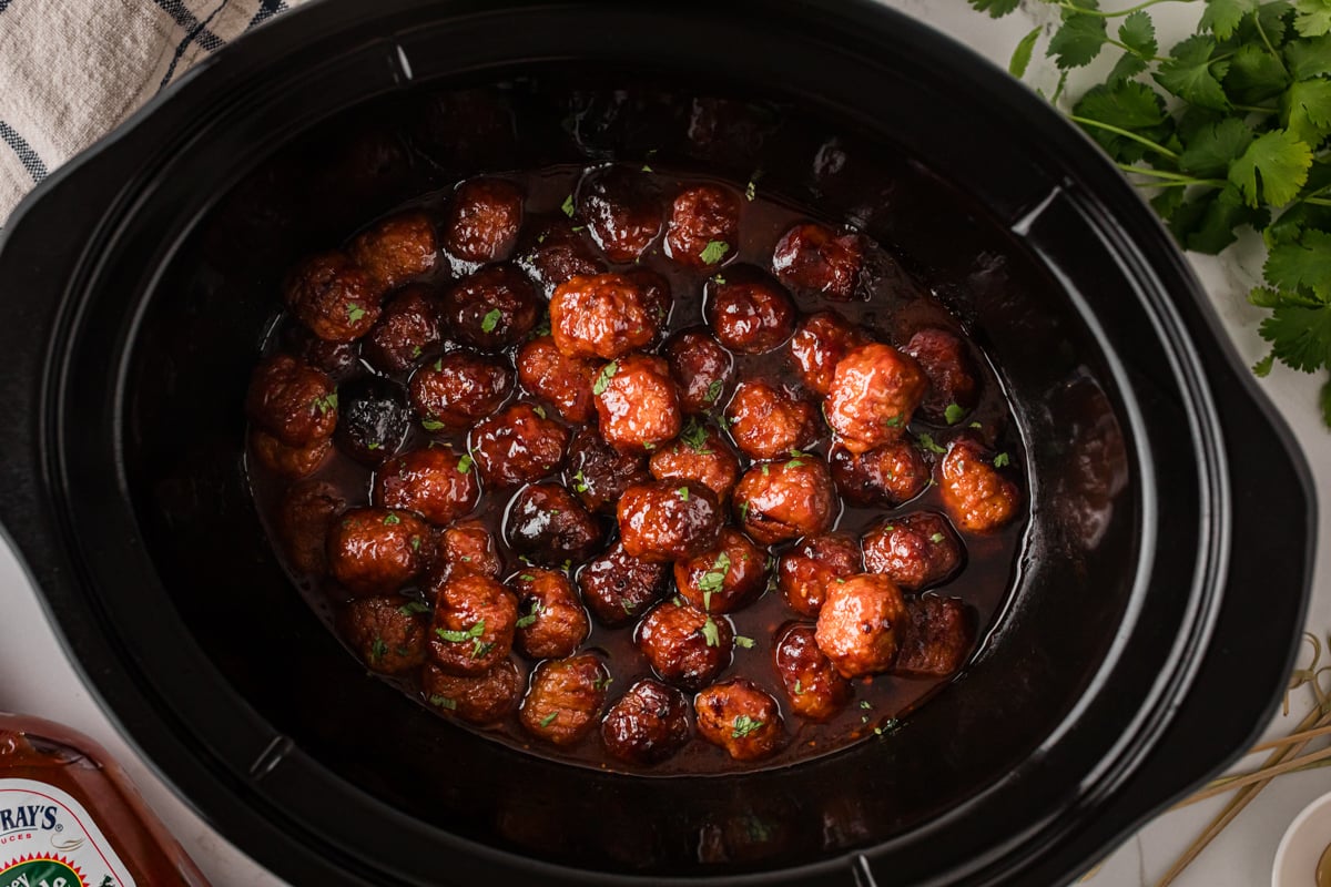Honey chipotle meatballs in a slow cooker.