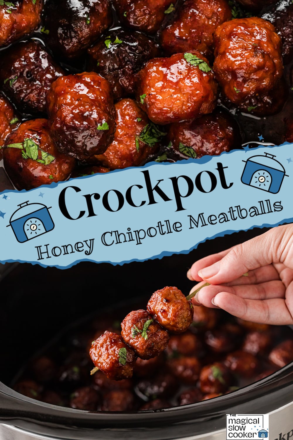 Two images of crockpot honey chipotle meatballs with title text overlay.
