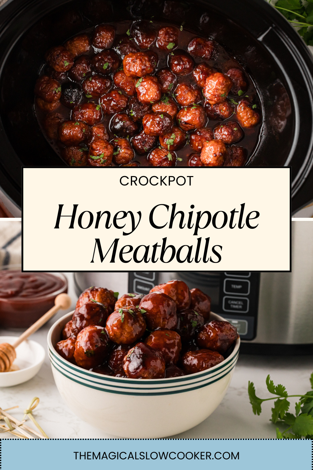 Two images of honey chipotle meatballs with text overlay.