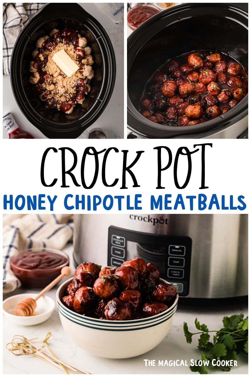 Three images of honey chipotle meatballs for pinterest.