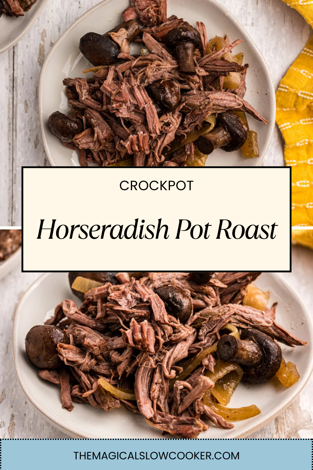 Horseradish pot roast in a slow cooker and on a plate.