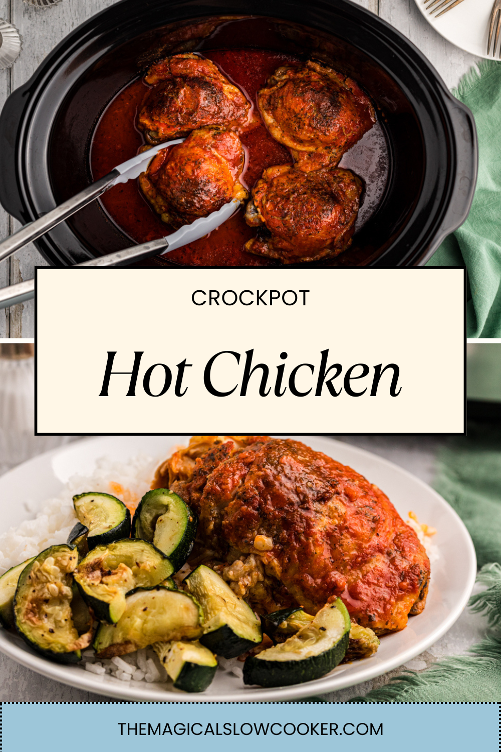 hot chicken in a slow cooker and on a plate with vegetables.