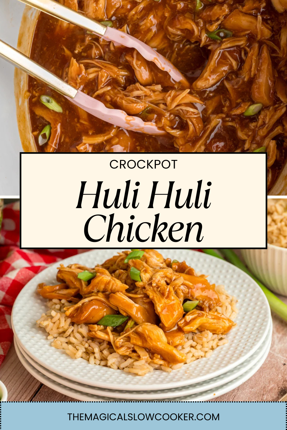 huli huli chicken in a slow cooker and on a plate.