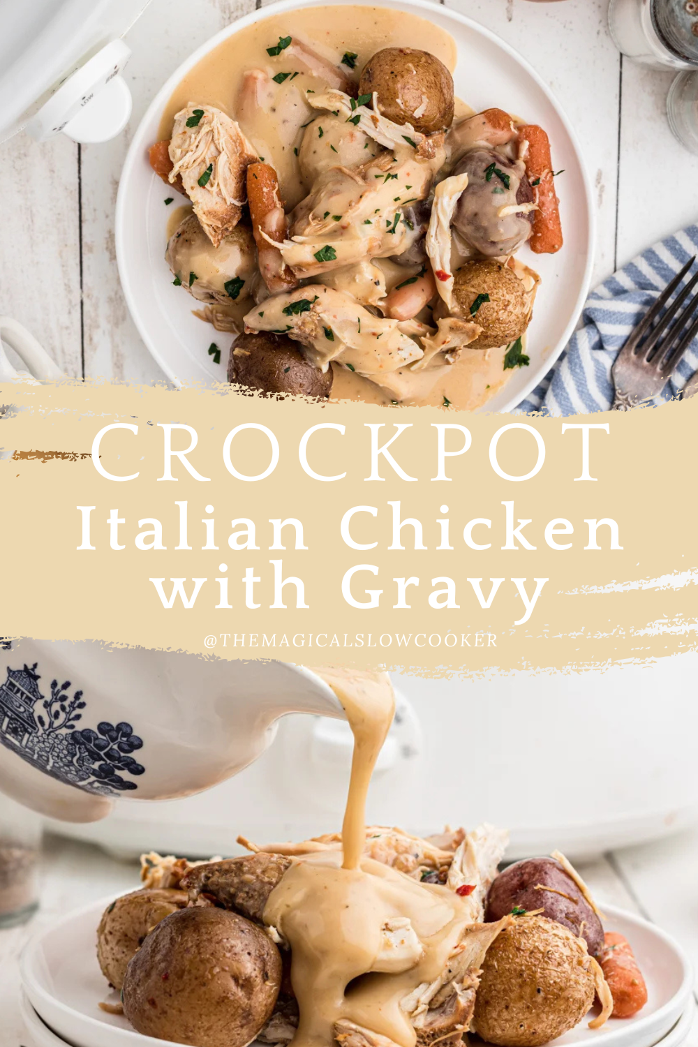 Italian Chicken Dinner on a platter and on a plate with gravy pouring over.