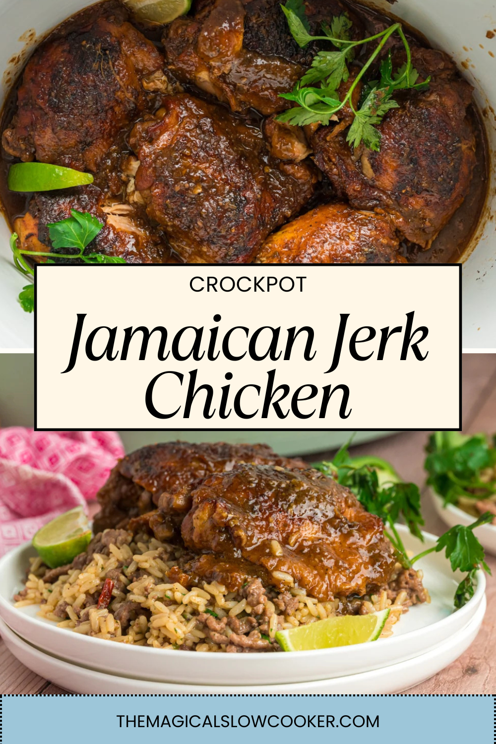 Jamaican jerk chicken in a slow cooker and on a plate.