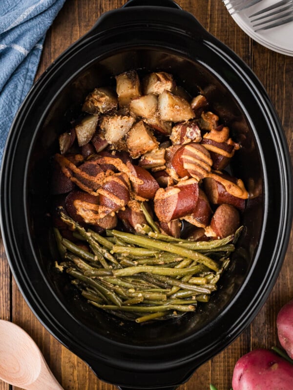 Crockpot kielbasa dinner after cooking.