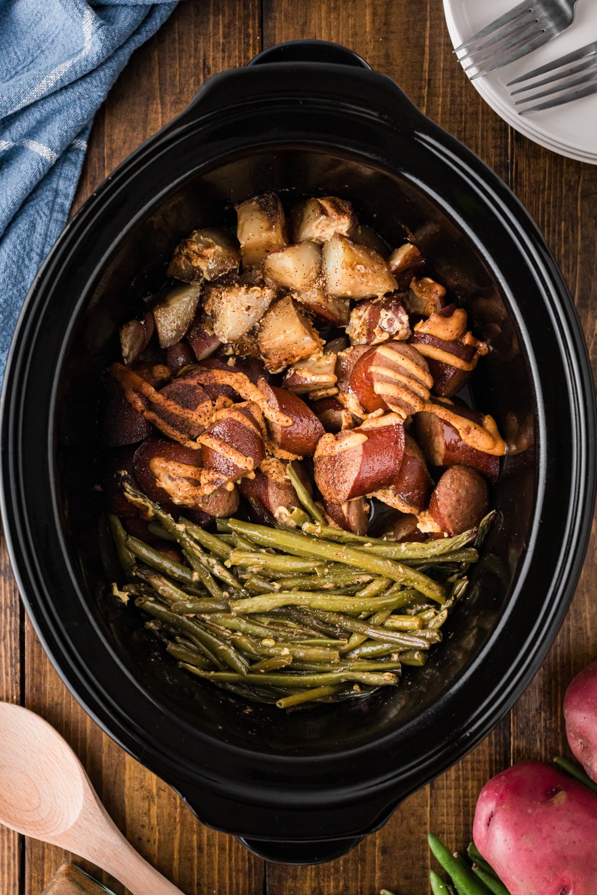Crockpot kielbasa dinner after cooking.