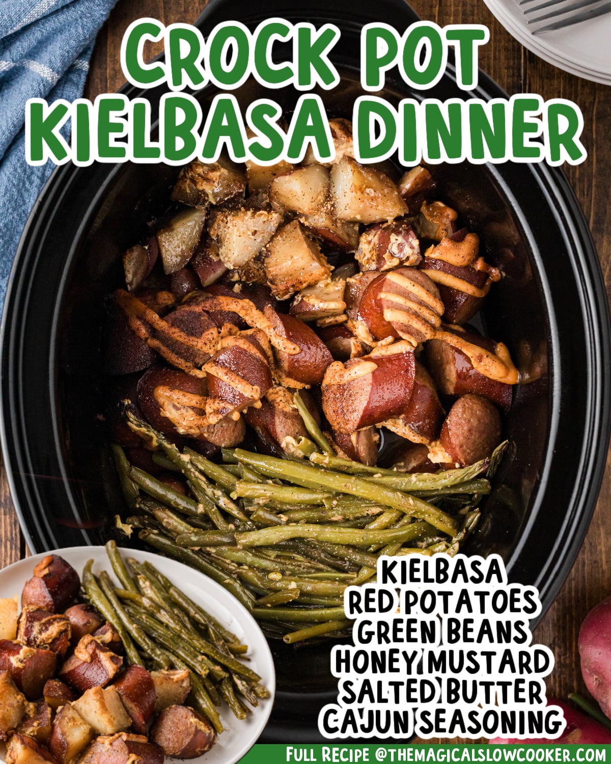 Two images of kielbasa dinner with text list of ingredients.
