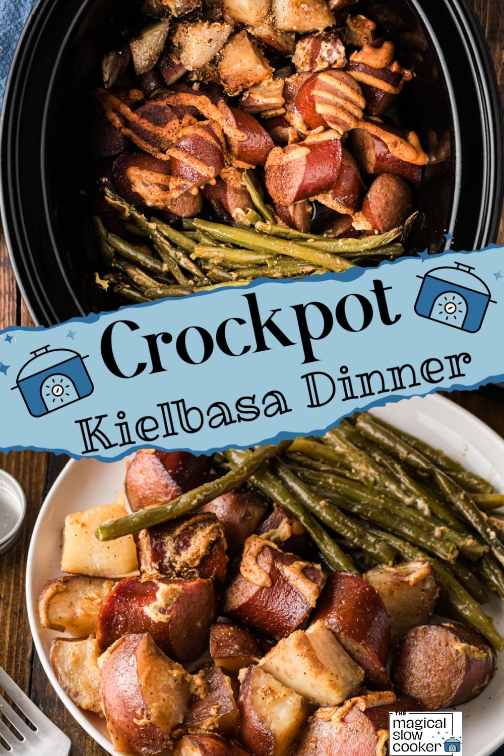 Two images of crockpot kielbasa with title text overlay.