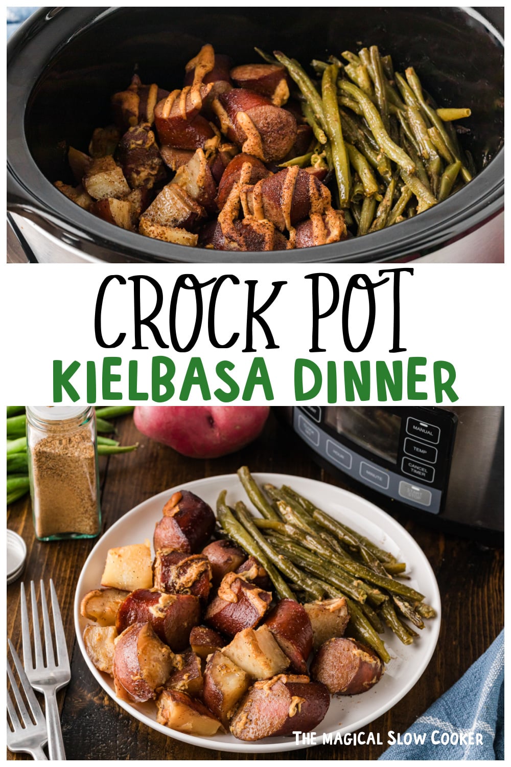Two images of kielbasa dinner for pinterest.