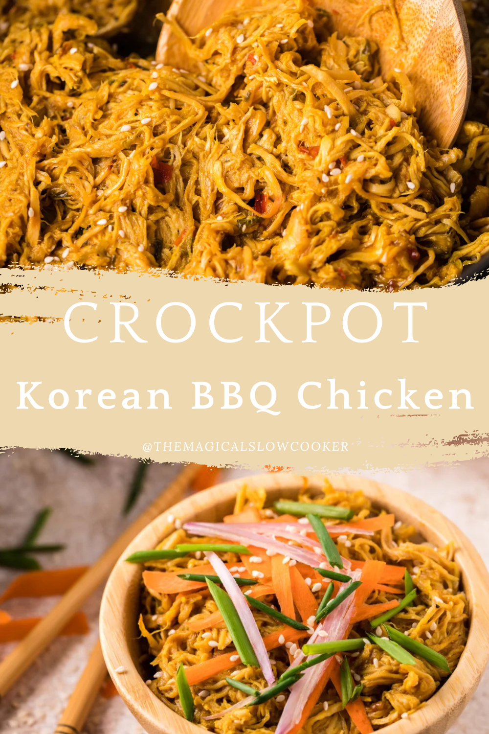 korean chicekn in a slow cooker and in a bowl.