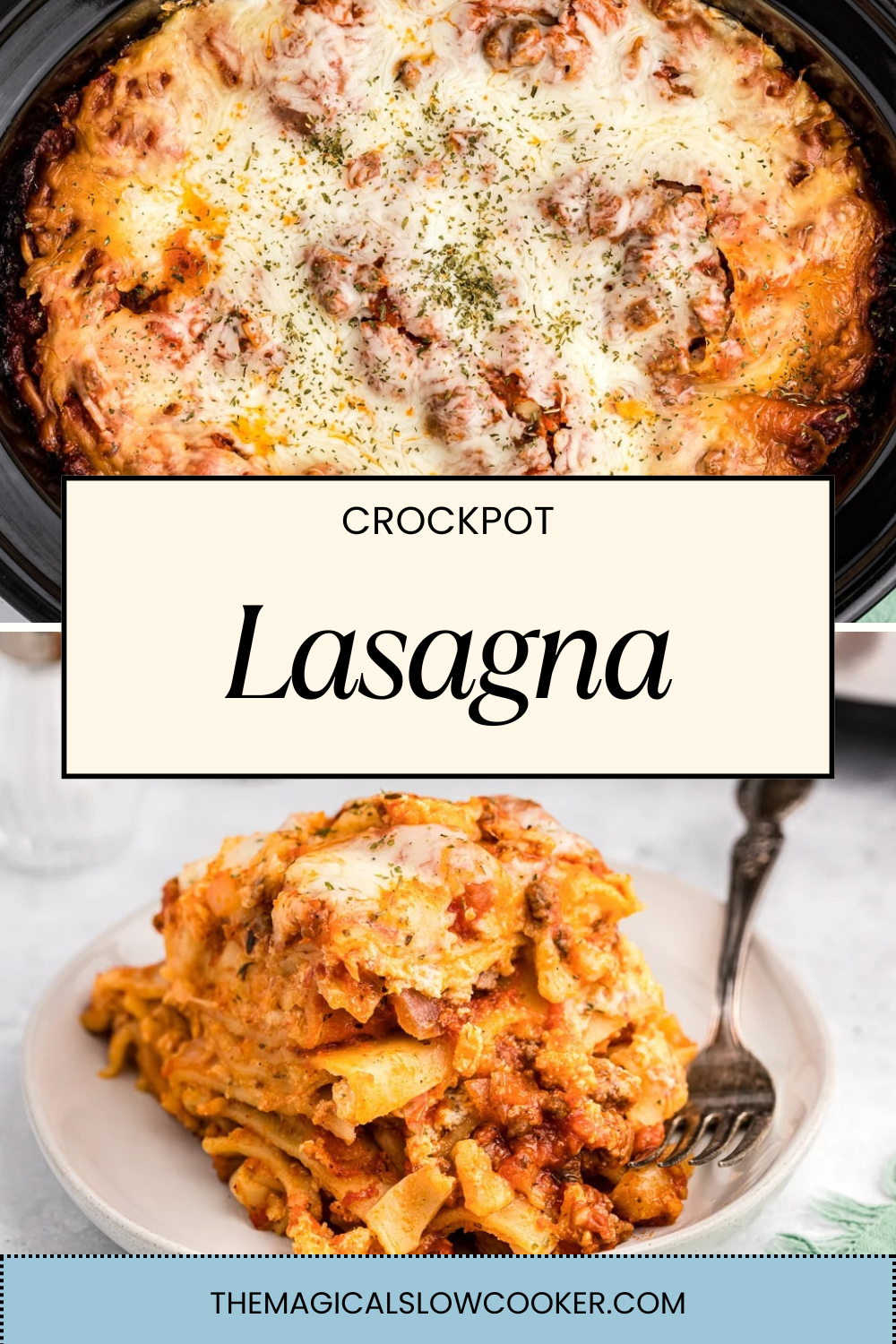 lasagna in a slow cooker and on a plate.