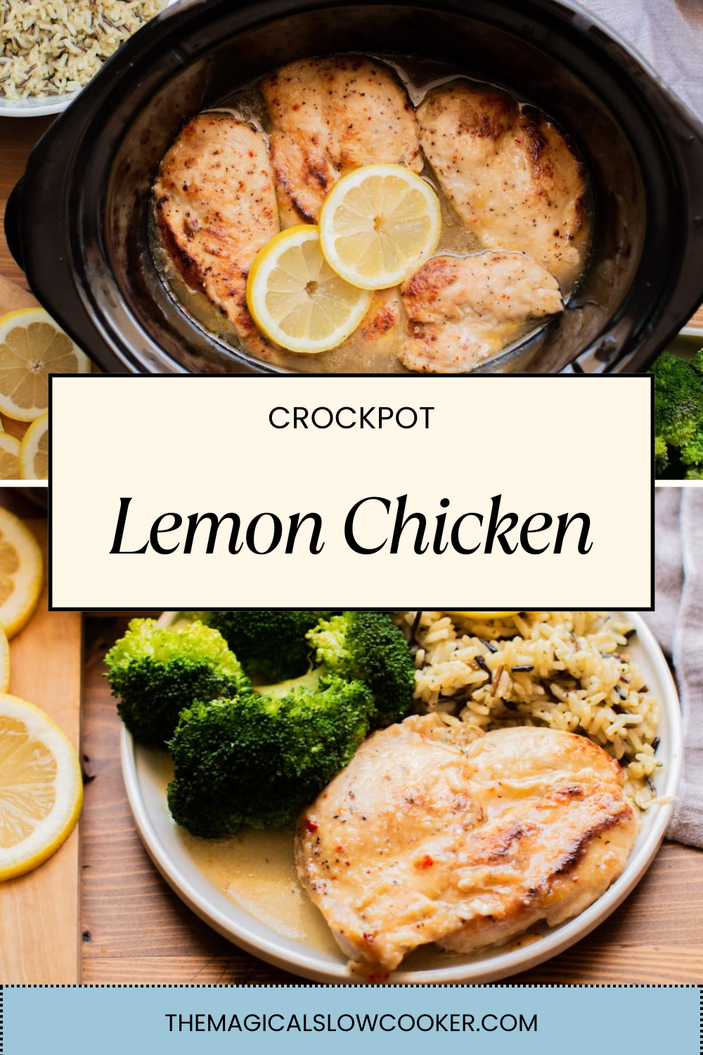 lemon chicken in a slow cooker and on a plate.