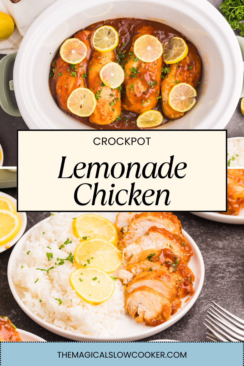 lemonade chicken in a slow cooker and on a plate.
