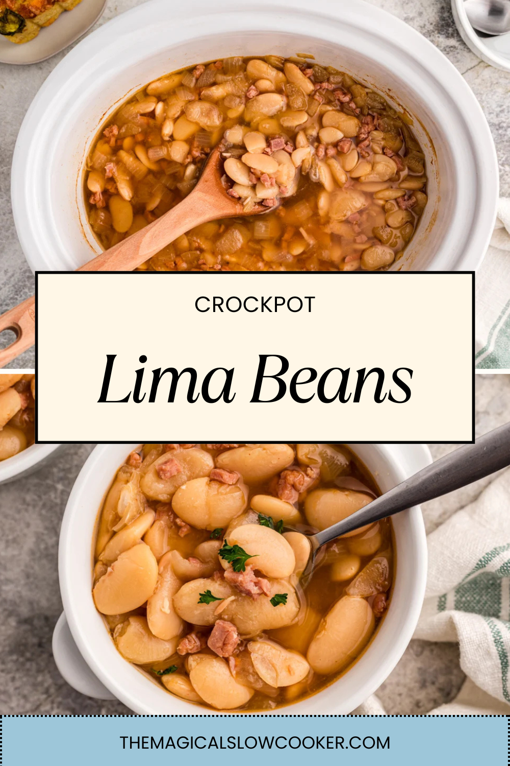 lima beans in a slow cooker and in a bowl.