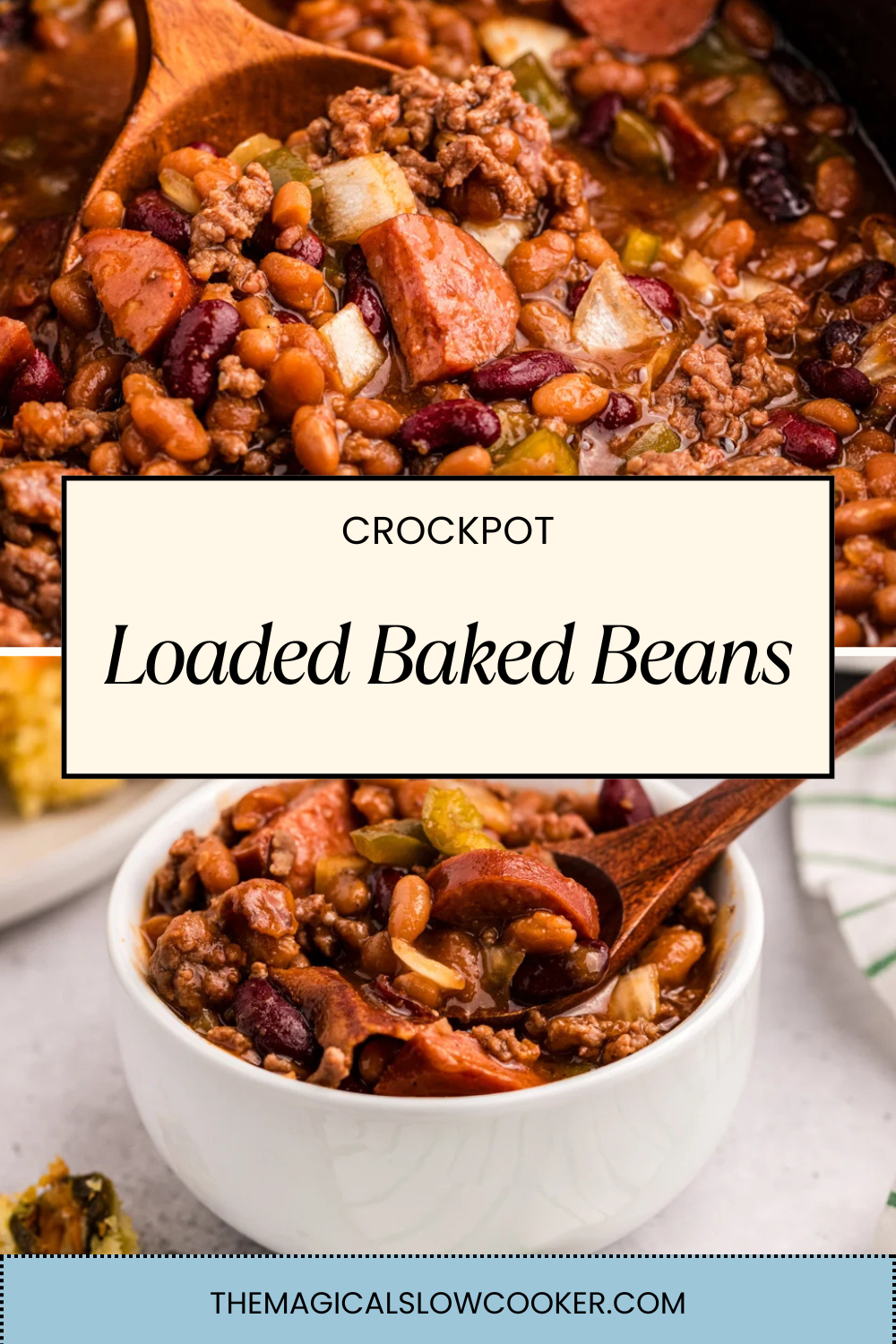loaded baked beans in a slow cooker and in a bowl.