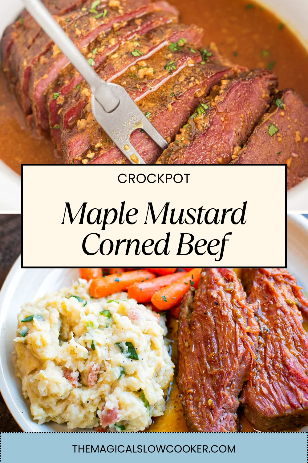 maple mustard corned beef in a slow cooker and on a plate.
