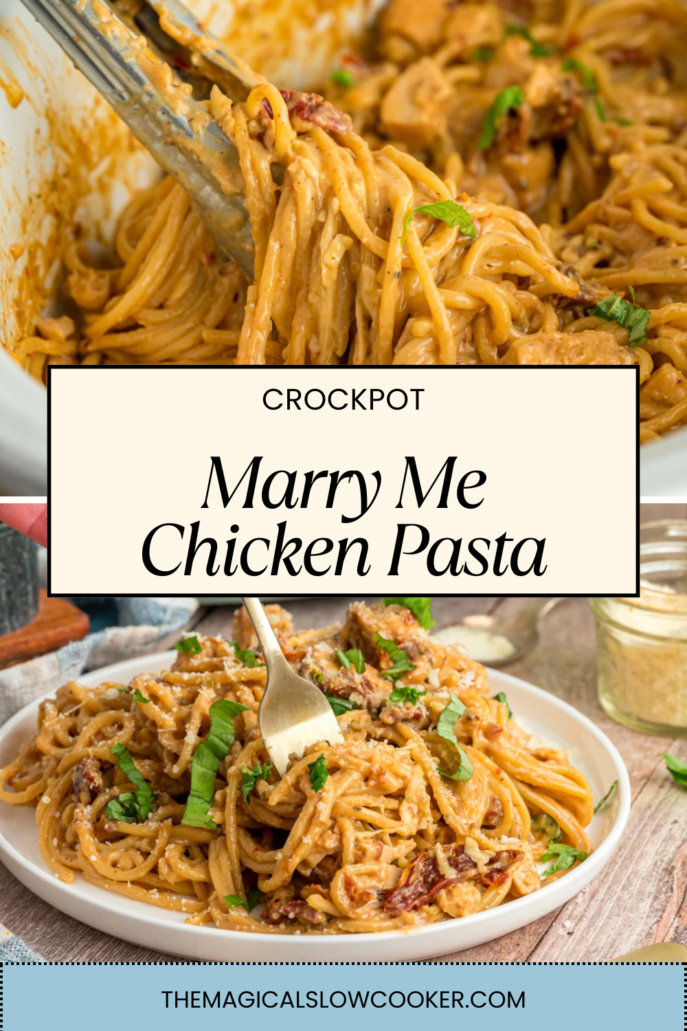 Chicken Pasta in a slow cooker and on a plate.