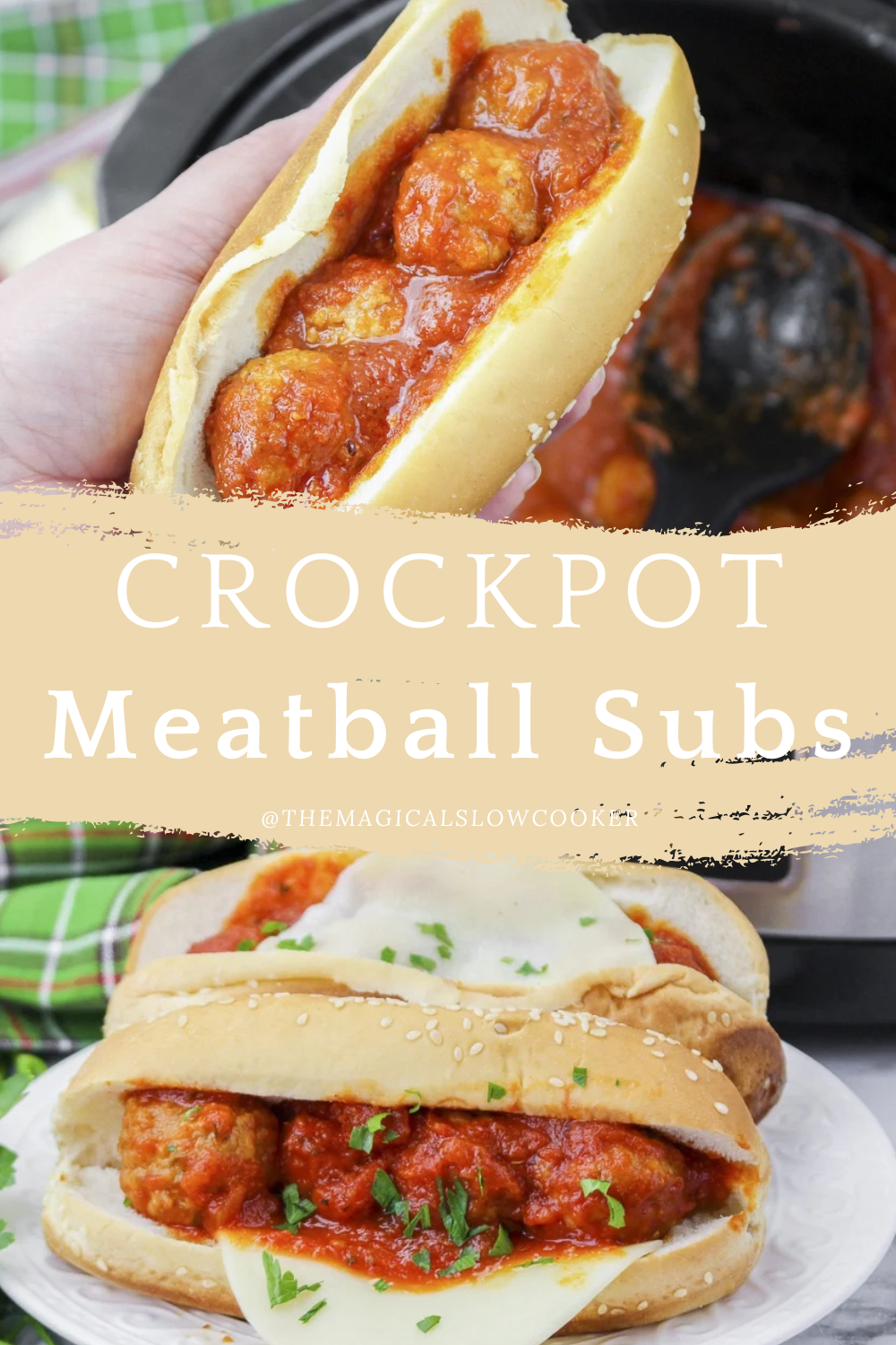 meatball subs in a hand and on a plate.