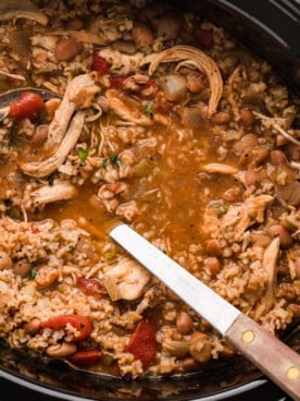 Mexican seasoned chicken and rice soup in a slow cooker with a ladle.