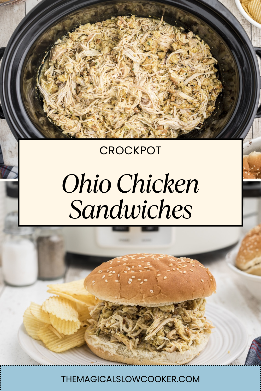 ohio chicken sandwiches on bun and in a slow cooker.