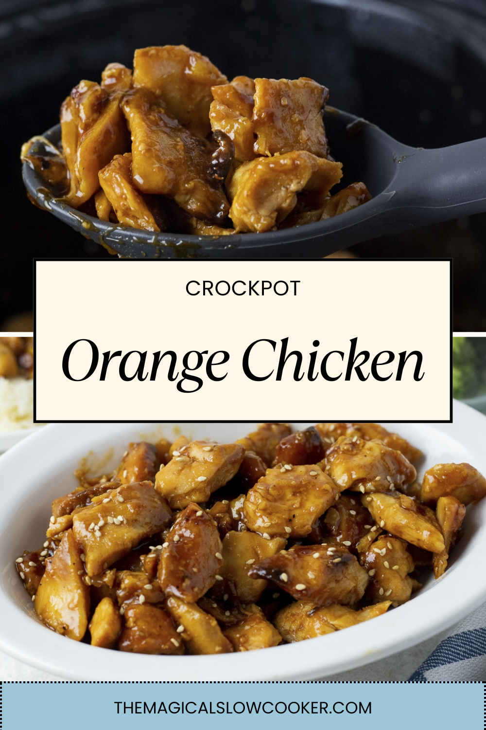 orange chicken in a slow cooker and on a spoon.