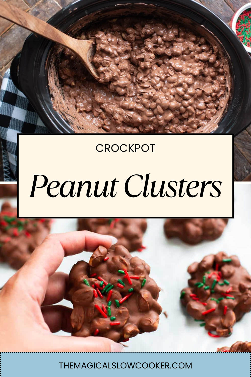 peanut clusters in a slow cooker and in a hand.