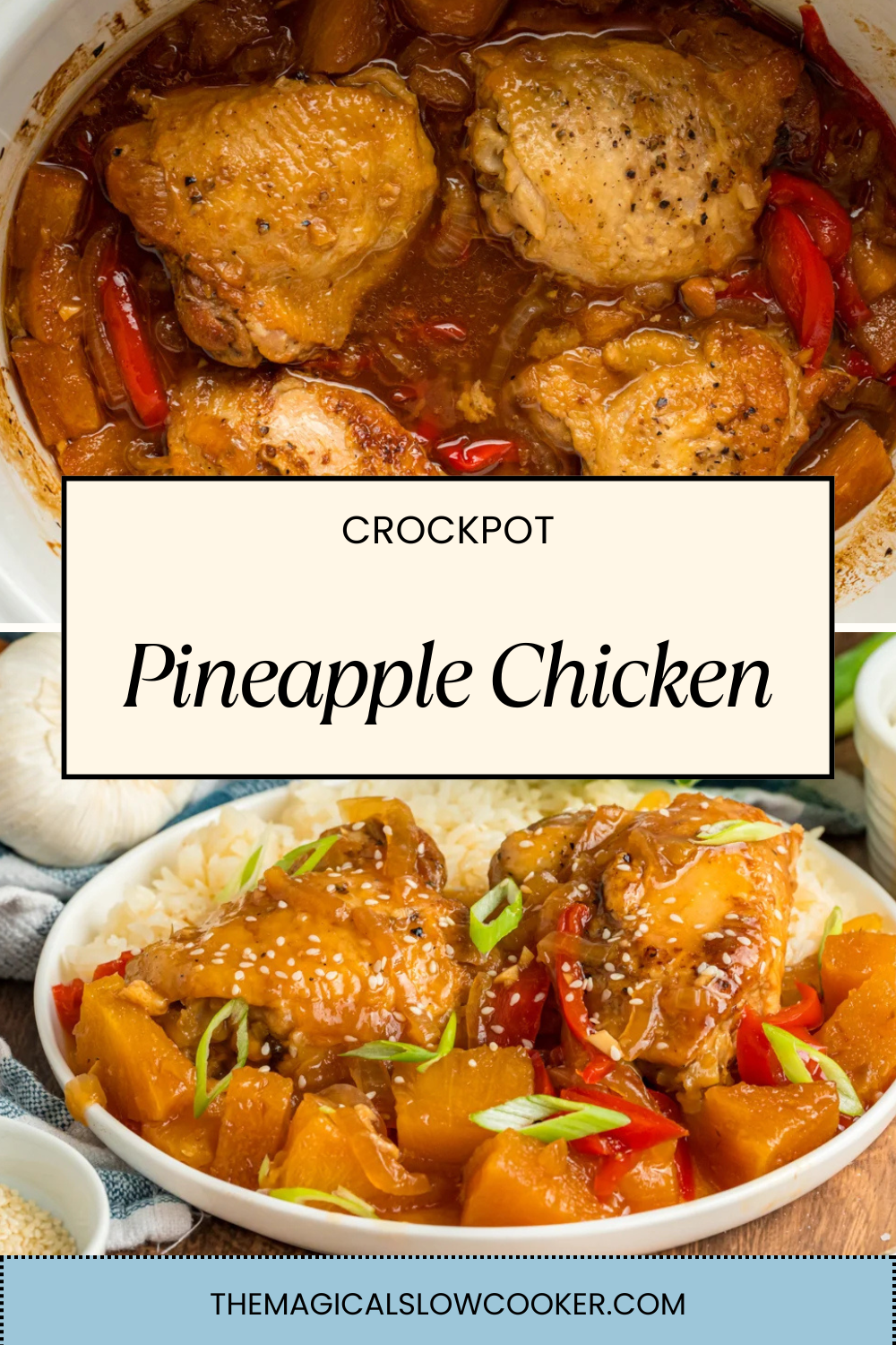 pineapple chicken in a slow cooker and on a plate.