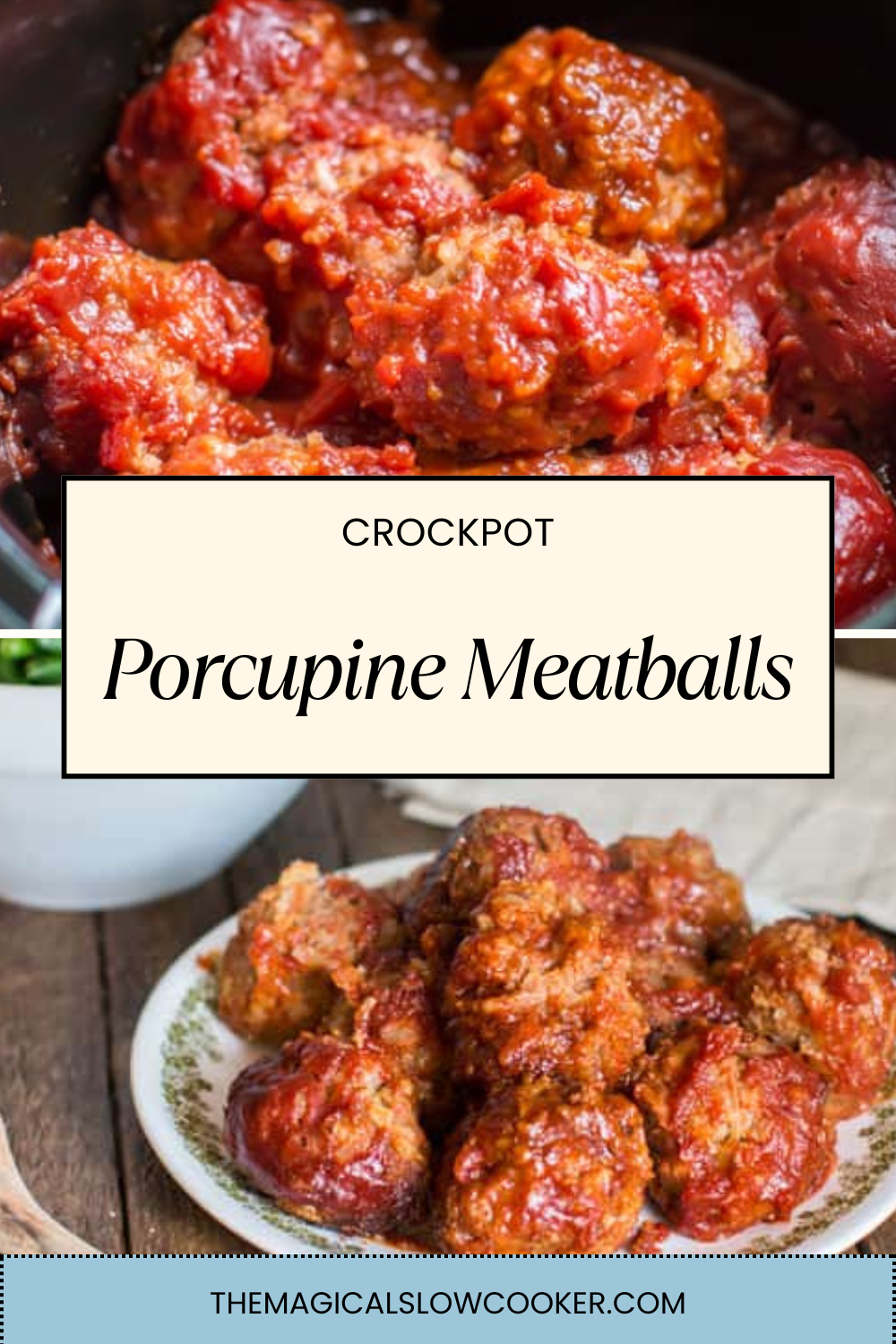 porcupine meatballs in a slow cooker and on a plate.