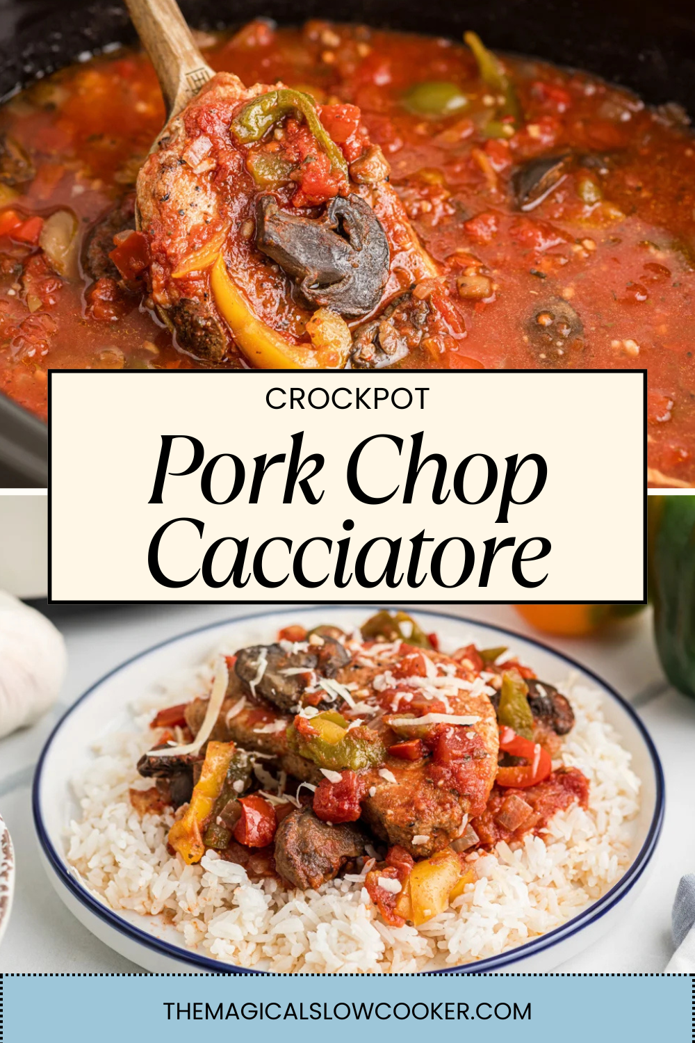 pork chop cacciatore in a slow cooker and on a plate.