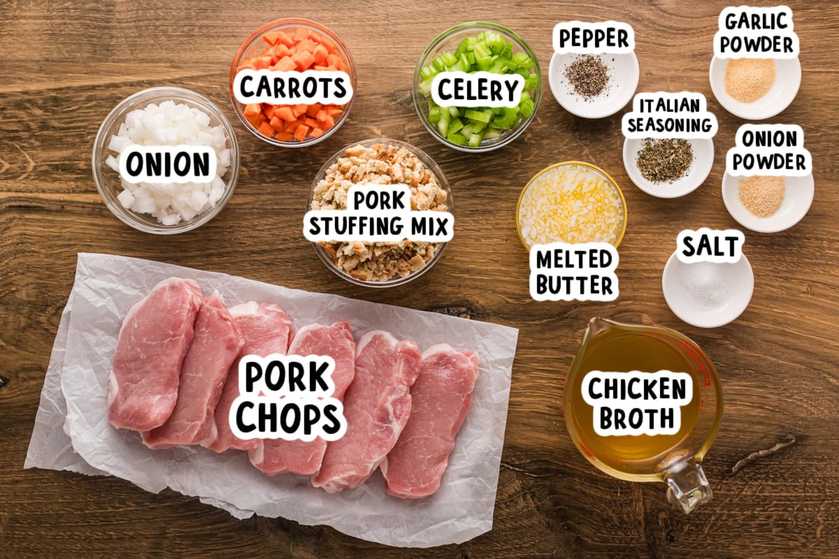 Ingredients for pork chops and stuffing on a table.