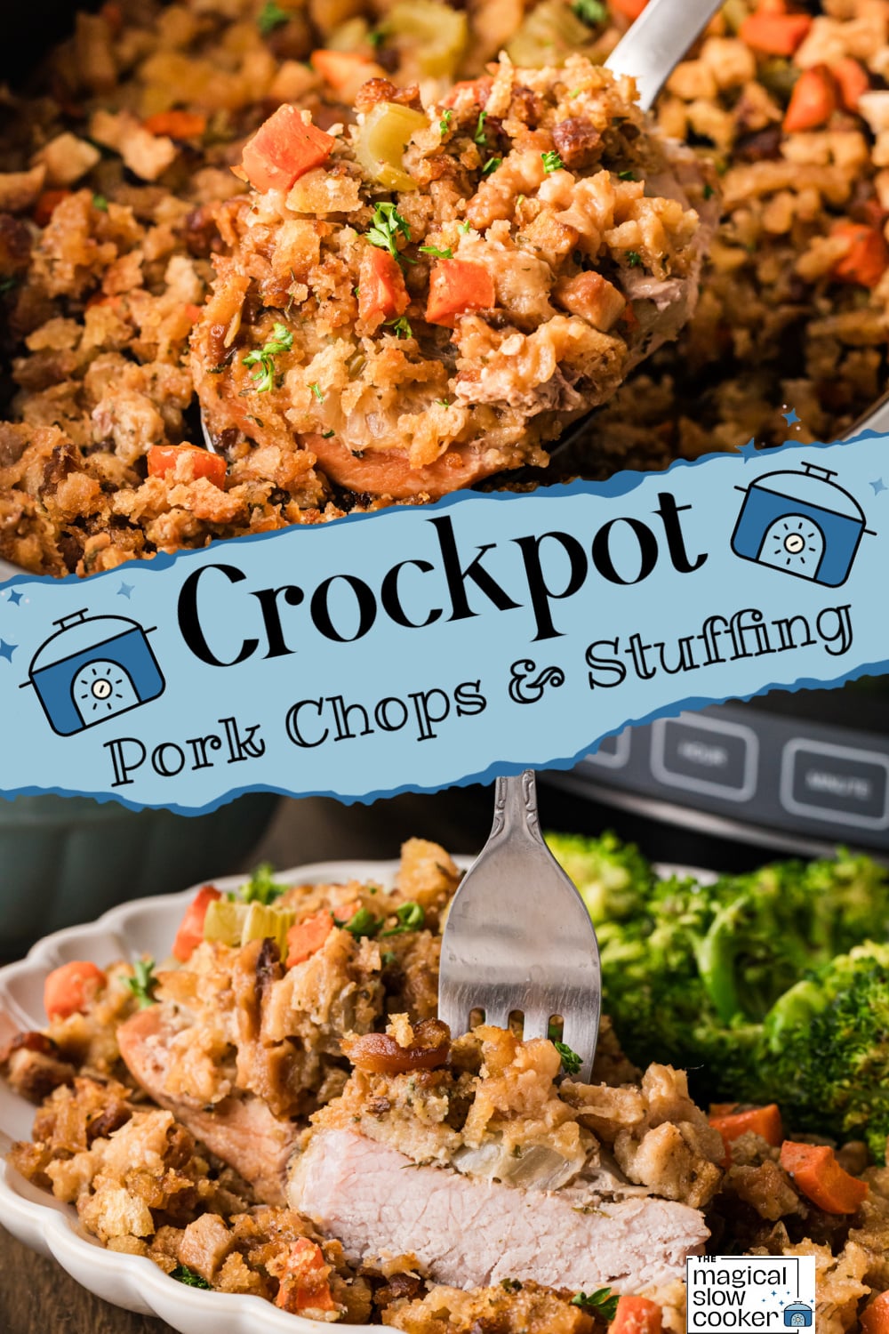Two images of crockpot pork chops and stuffing with title text overlay.