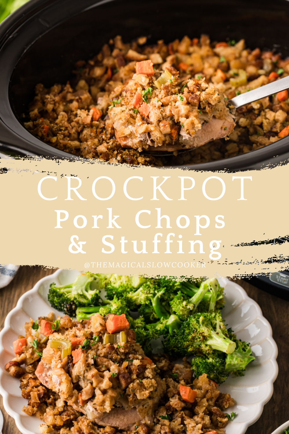 Two images of pork chops and stuffing wtih text overlay.