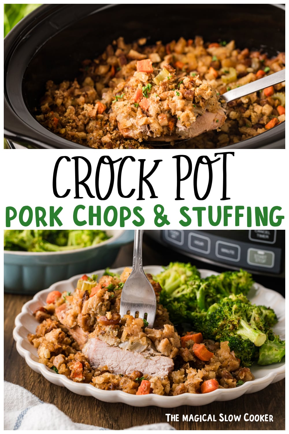 Two images of crockpot pork chops and stuffing for pinterest.