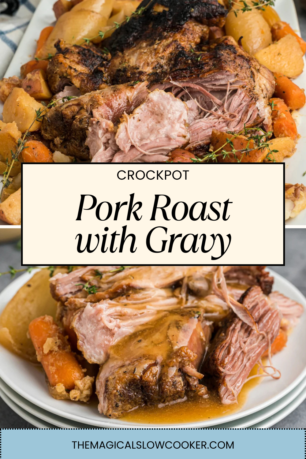 Pork roast with gravy on a platter and on a plate.