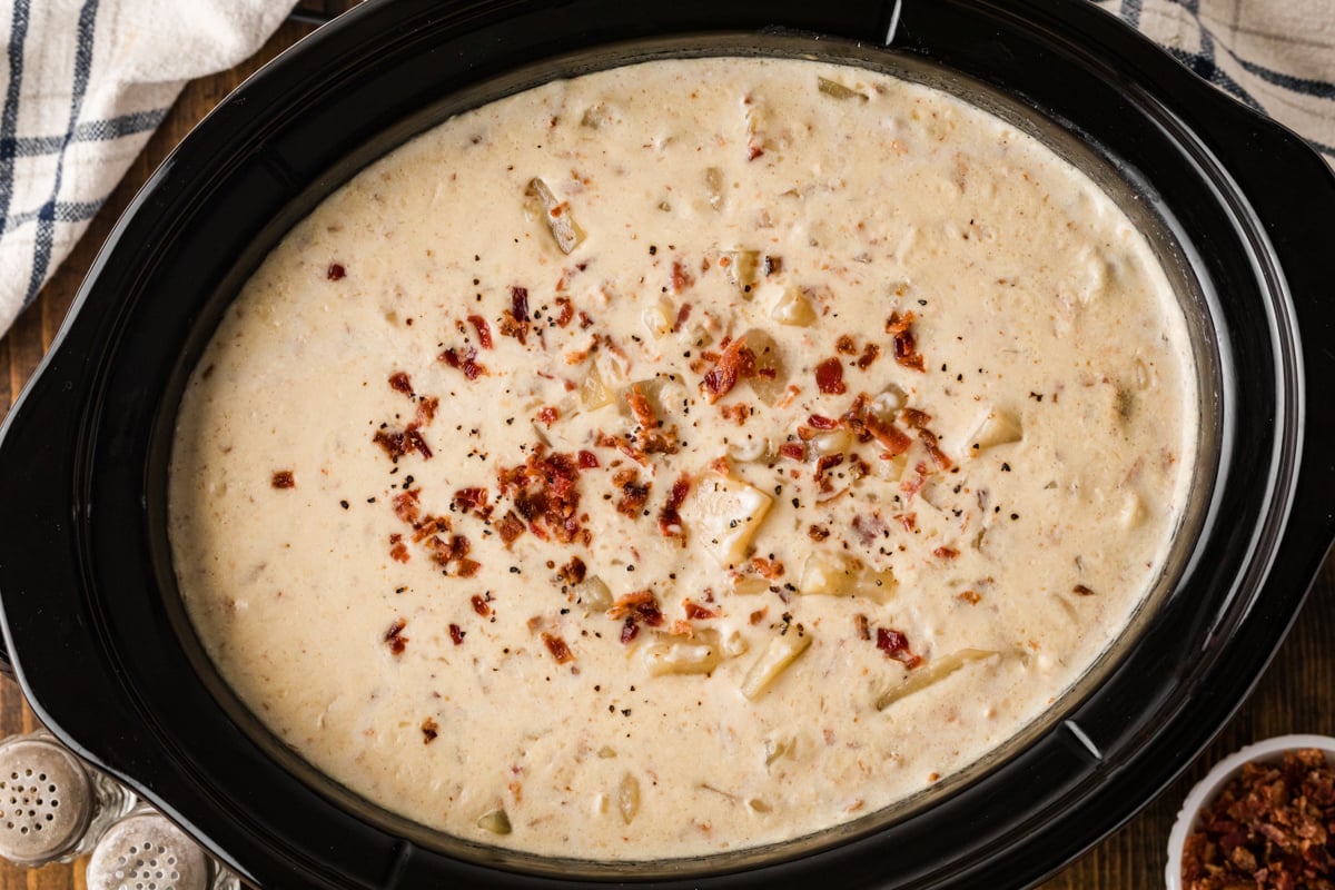 Potato bacon soup in a slow cooker.