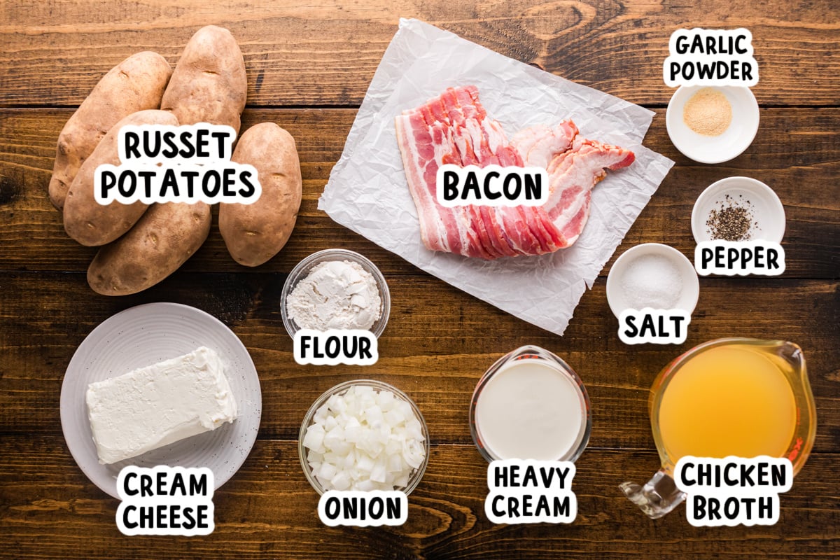 Ingredients for steakhouse potato soup on a table.