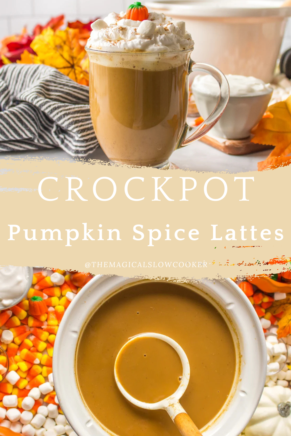 pumpkin spice lattes in a slow cooker and in a mug.