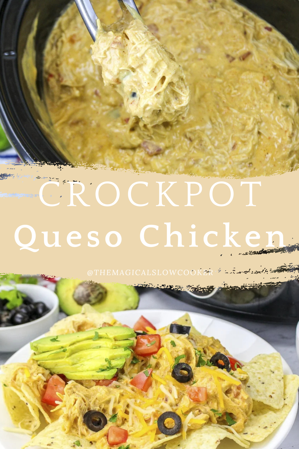 queso chicken in a slow cooker and on a plate.