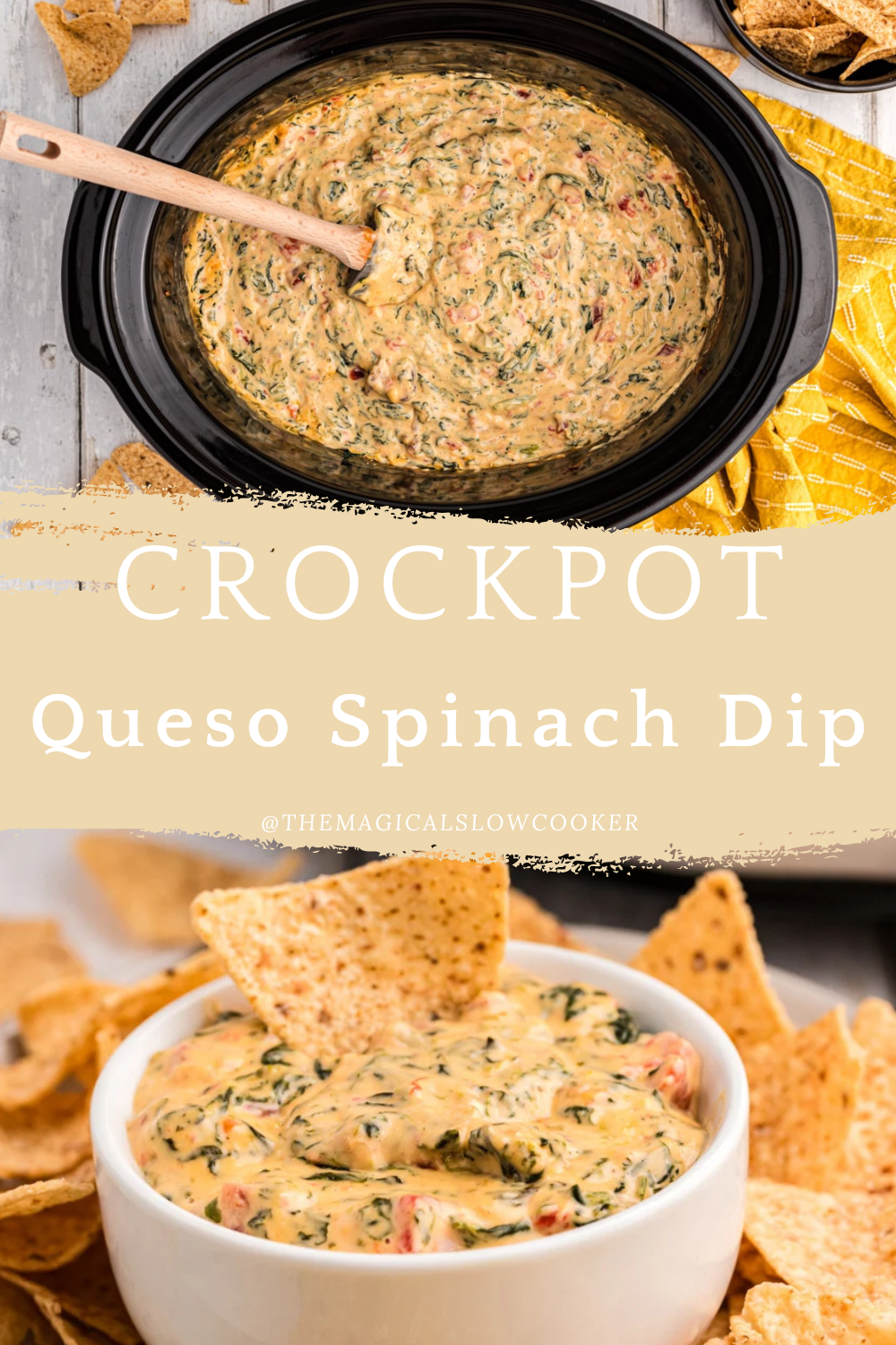spinach dip in a slow cooker and in a bowl with a chip.